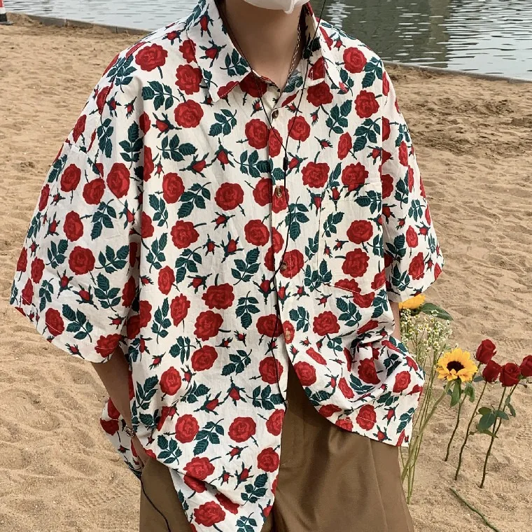 Hong Kong Style Retro Rose Full Print Short-sleeved Shirt Men and Women Hawaiian Trendy Loose Tops