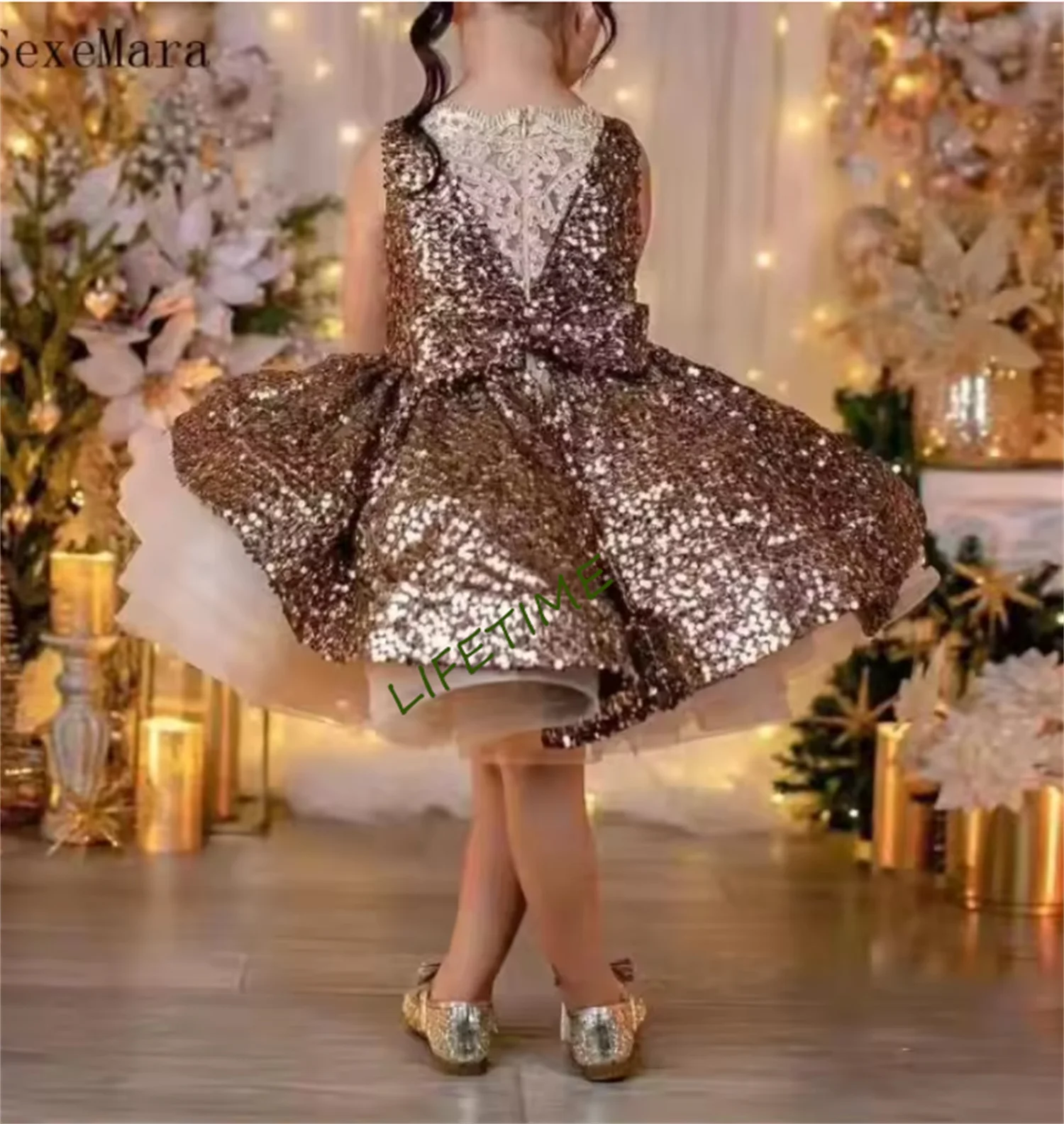 CustomizedCute Golden Sequined Top Baby Girl Dress Infant Tutu Dress Princess Birthday Party Gown New Year Kid Ceremony Dress