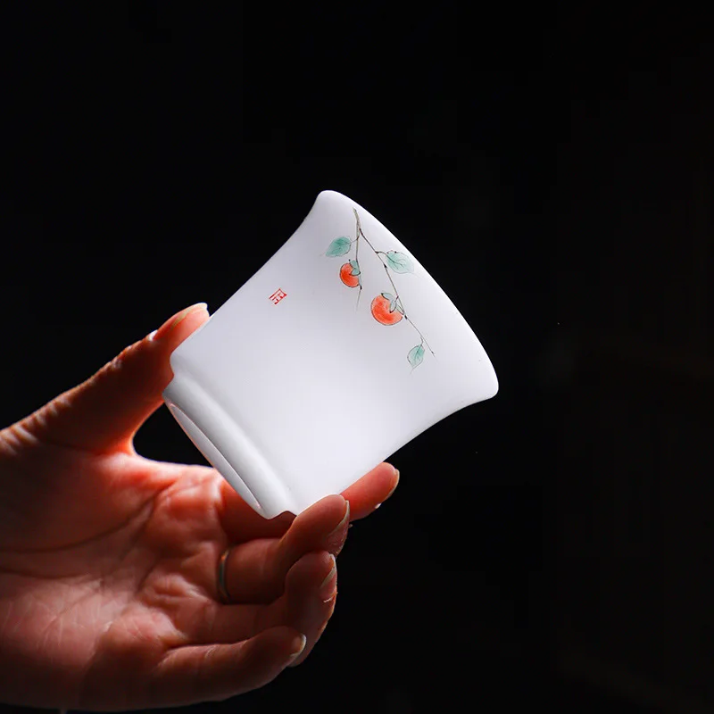 Dehua high-end ice-like white jade cup, porcelain hand drawn lucky persimmon beauty tea tasting cup gift