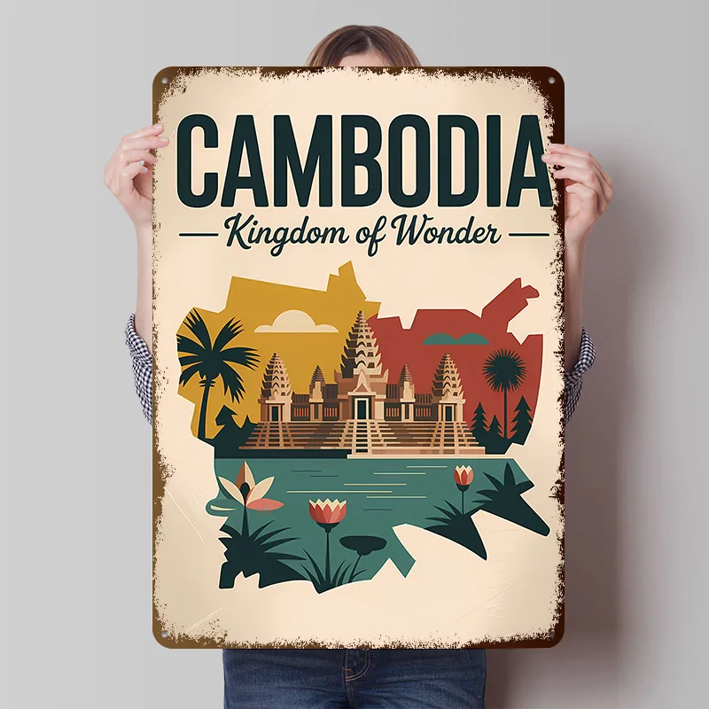 Cambodia: Kingdom of Wonder Travel Tinplate Poster Custom Wall Art Vintage Metal Signs Retro Tin Plaque for Decoration Garage