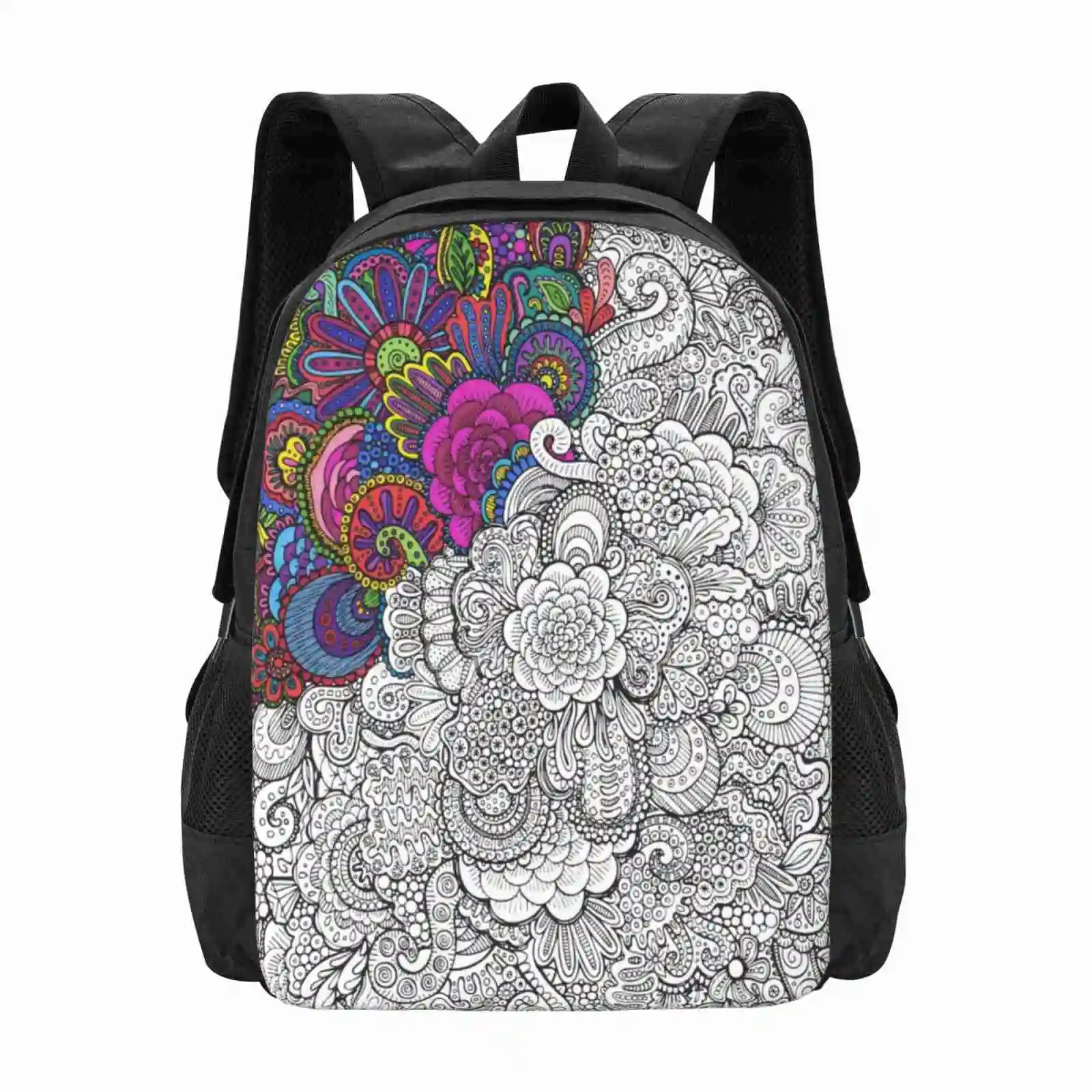 Color In Chaos Hot Sale Schoolbag Backpack Fashion Bags Chaos Ink Pen Hand Artsy Doodles Swirl Leaves Leaf Flower Circle