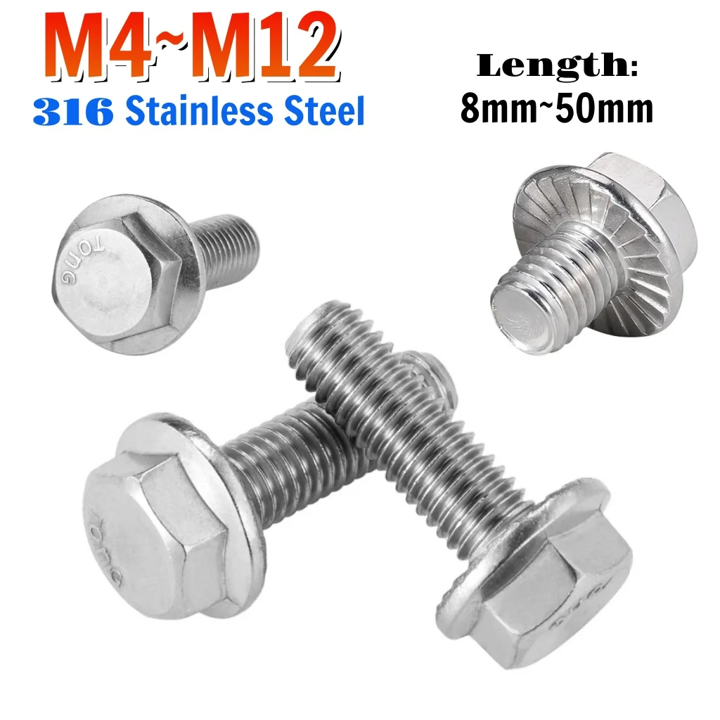Beicai 2~10pcs SUS316 Stainless Steel Large Hexagon With Serrated Flange Cap Screw Big Hex Washer Bolt M4 M5 M6 M8 M10 M12