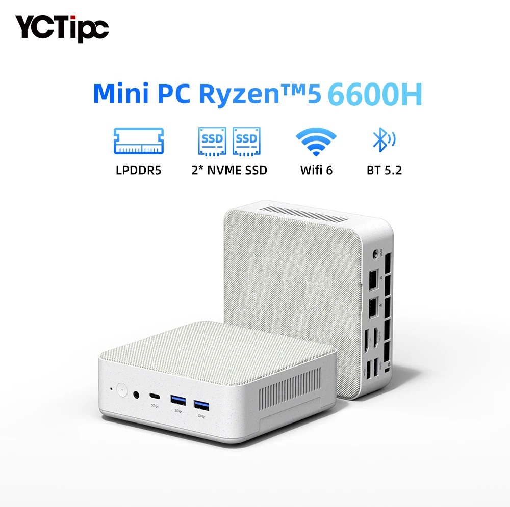 YCTipc Mini PC AMD R5 6600H Computador de 6 núcleos e 12 threads 16GB DDR5 512GB PCIe 3.0 SSD WiFi 6 BT5.2 Mini PC Computador de mesa