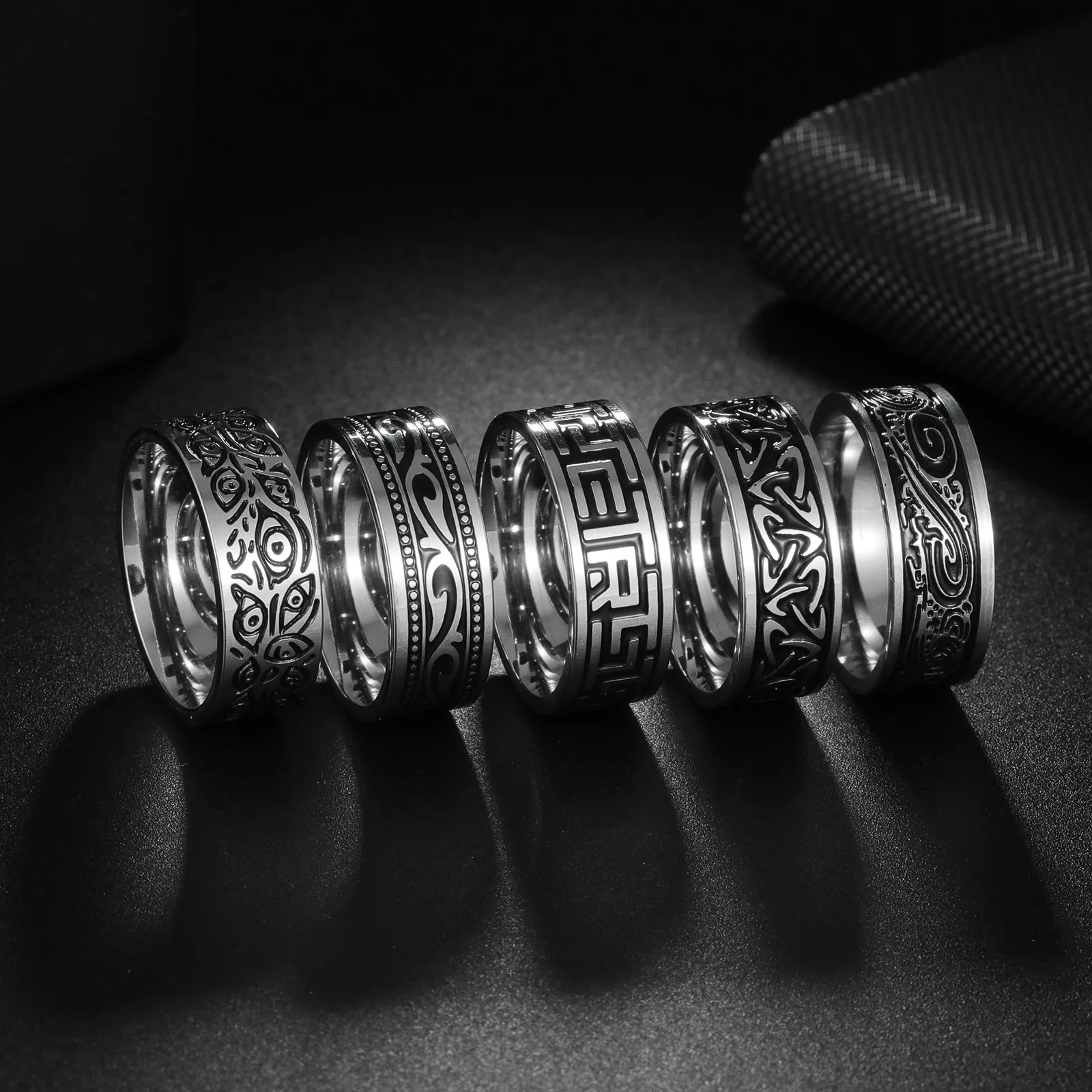 Retro Titanium Steel Ring With Pattern Of Celtic Triangle Knot Demon Eye Old Tang Grass Pattern Men's Women Ring Jewelry view 2