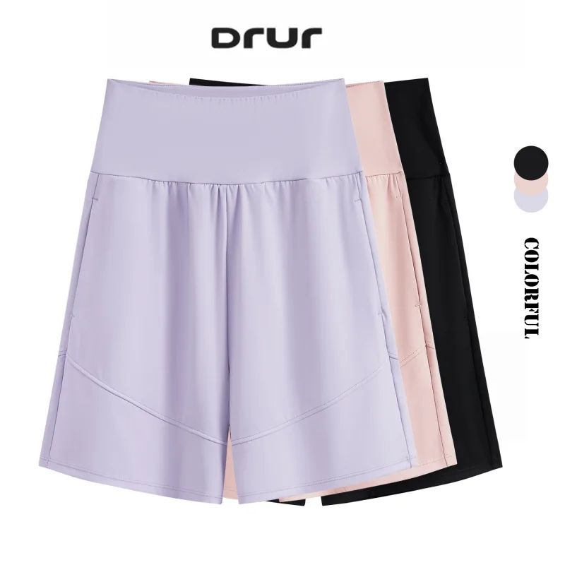 DRUR Women's Long Yoga Shorts with Pockets High Waisted Knee Length Shorts for Women Lightweight Workout Athletic Sweatshorts