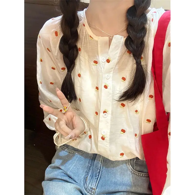 Femme Spring Summer Fashion Young Style Button Embroidered Solid Color O-neck Women Clothes Appear Thinslim Long Sleeve Cardigan