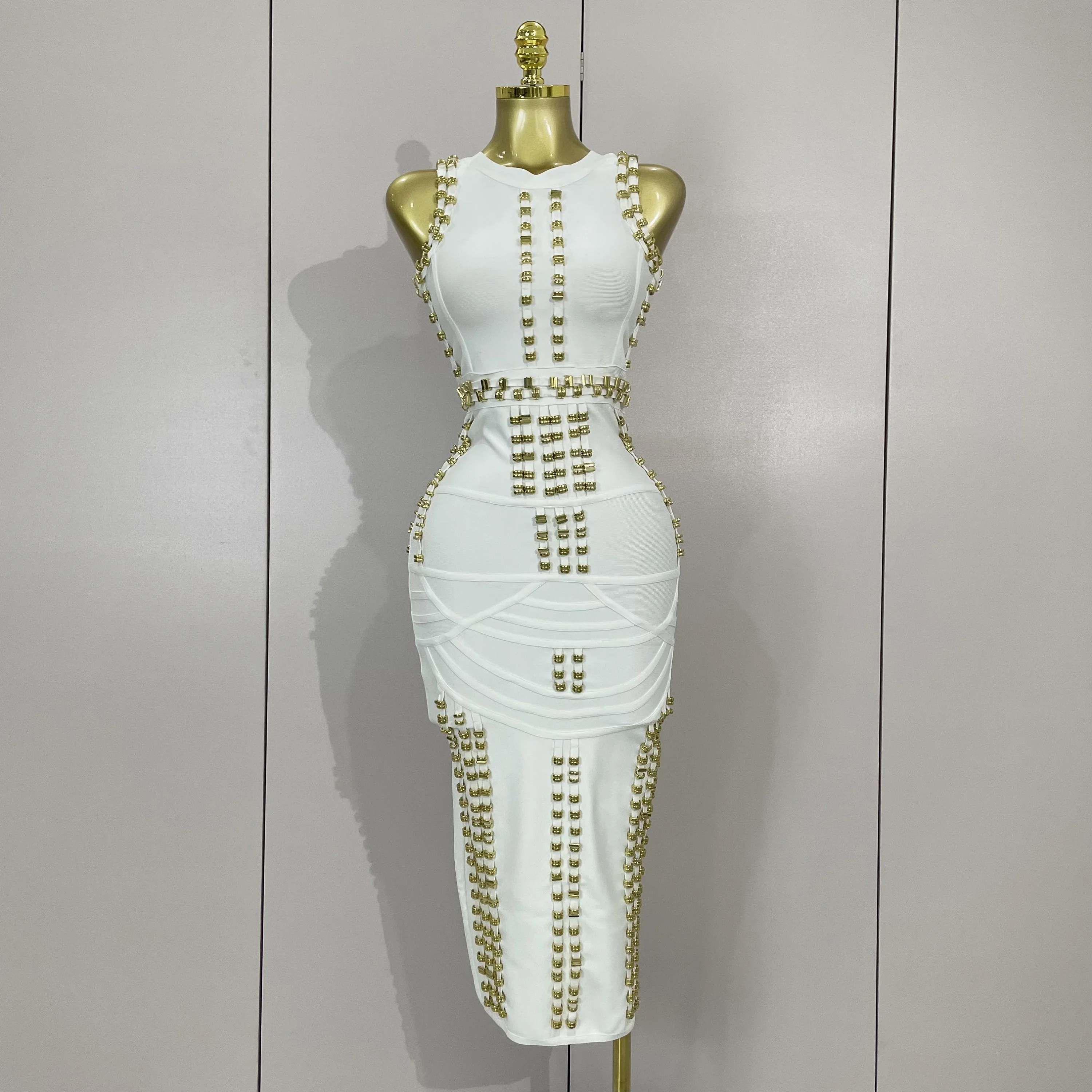 Elegance White Metal Buckle O Neck Sleeveless Bodycon Bandage Dress Women Celebrate Evening Prom Birthday Party Dress Vestido