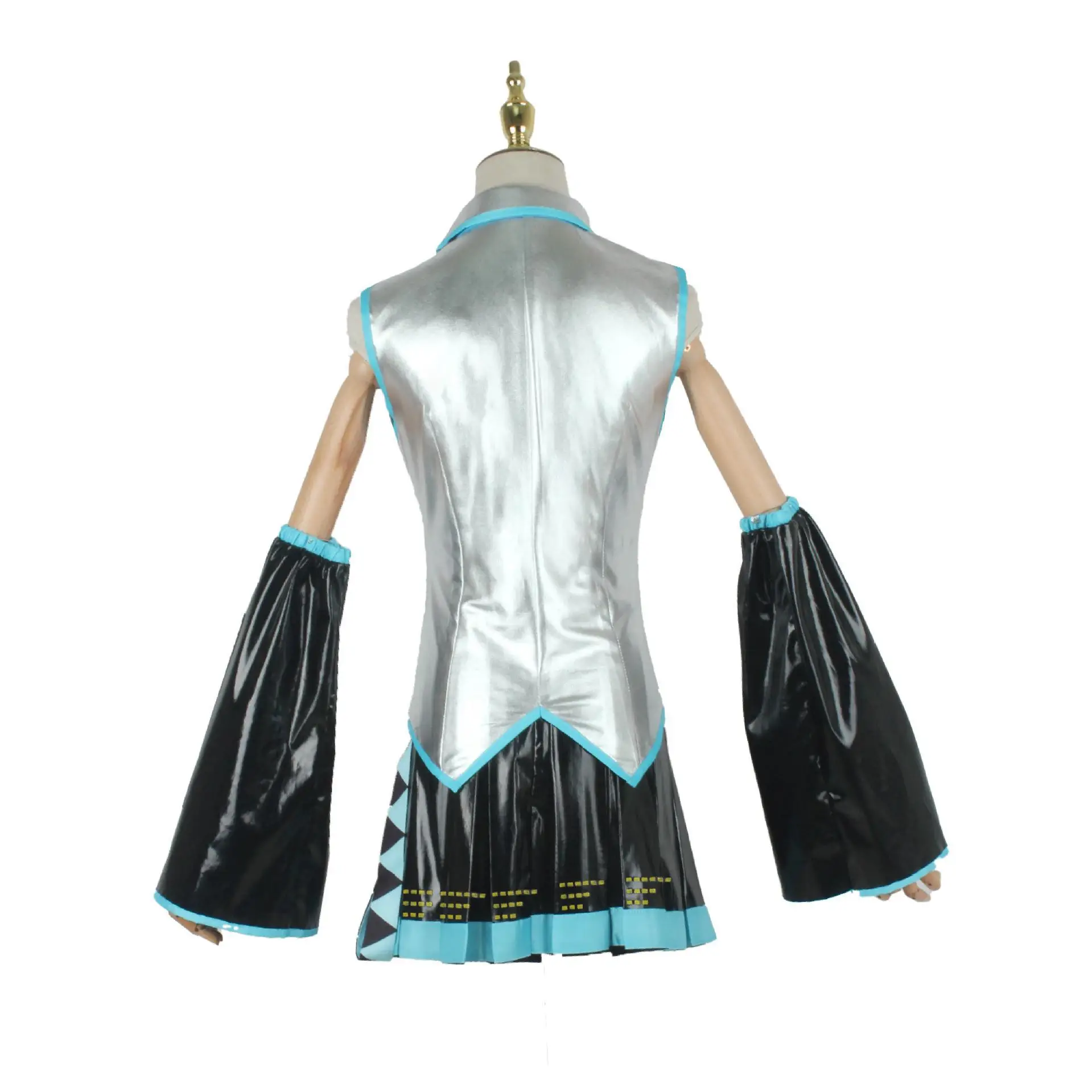 Miku Cosplay Conjunto Completo em Prata e Cinza, Tecido de Couro, Peruca, Sapatos, Headwear, Adereços, Fantasia, Uniforme JK, Terno