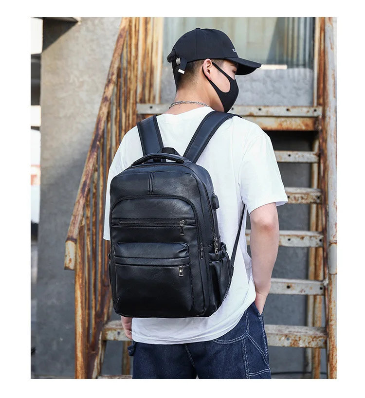 Hohe Qualität USB Lade Rucksack Männer PU Leder Rucksack Große Laptop Rucksäcke Männlichen Mochilas Schul Für Jugendliche Jungen – Detail 3