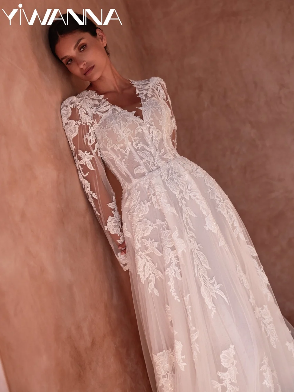 

Elegant V-neck Long Sleeve Wedding Dress Sparkly Beaded Lace Appliques Bridal Gown New Customized A-line Dresses For Bride