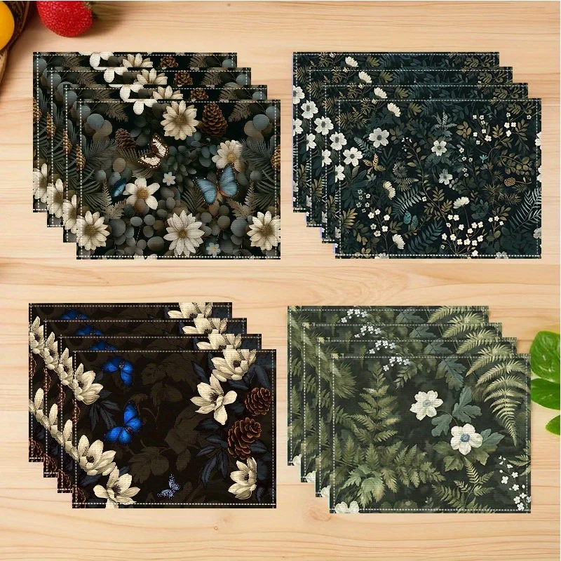 

4 Pcs Placemat Table Mat Farmhouse Wind Non-slip Linen Placemats Floral Print Family Party Decoration Machine Washable