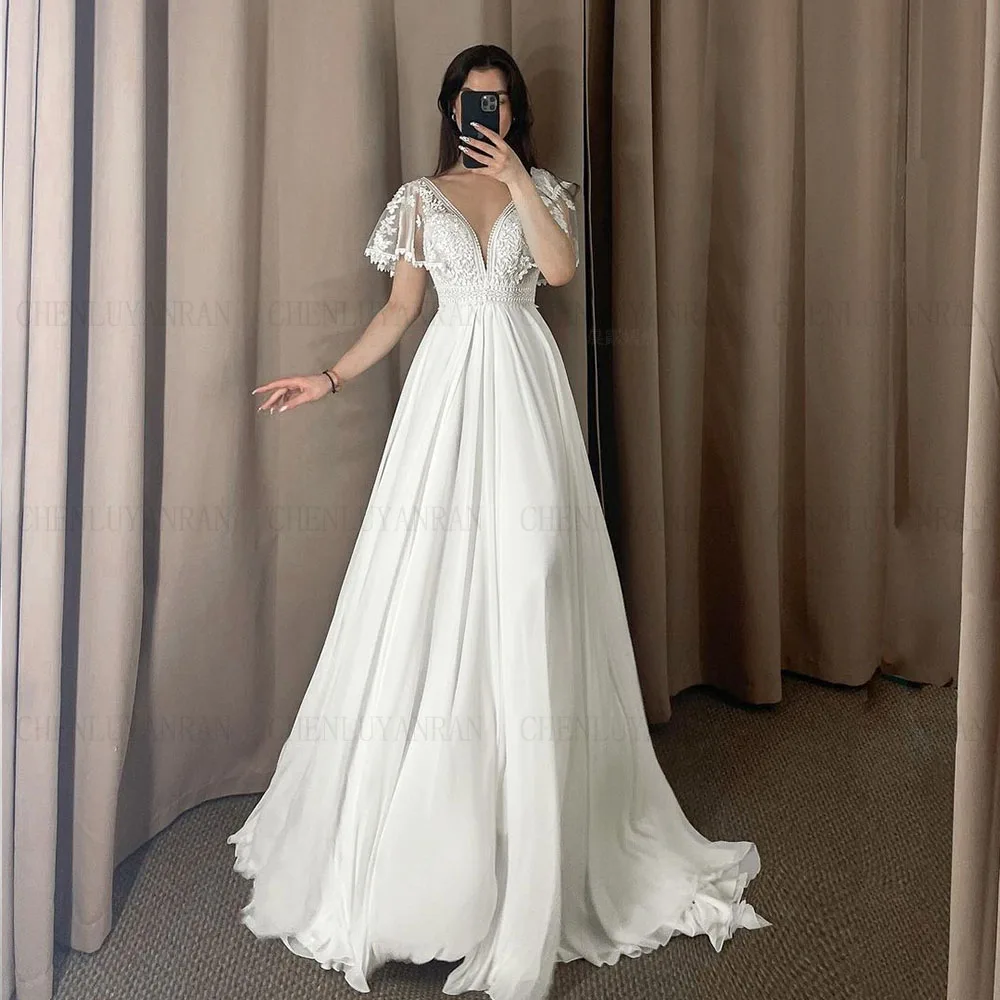 

Chiffon Elegant Wedding Dresses Lace Applique Long Bride Dresses V-Neck A-Line Sexy Dresses For Women 2023 Robe De Mariée