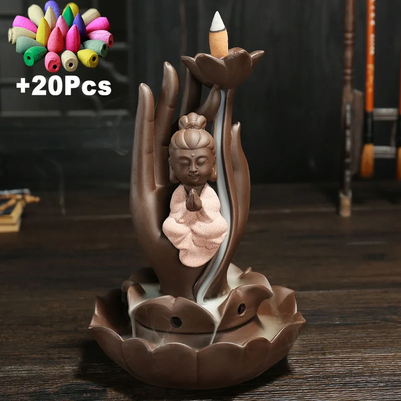 Free Gift Cones Buddha's-hand Backflow Incense Coil Holder Buddha Ceramic Censer