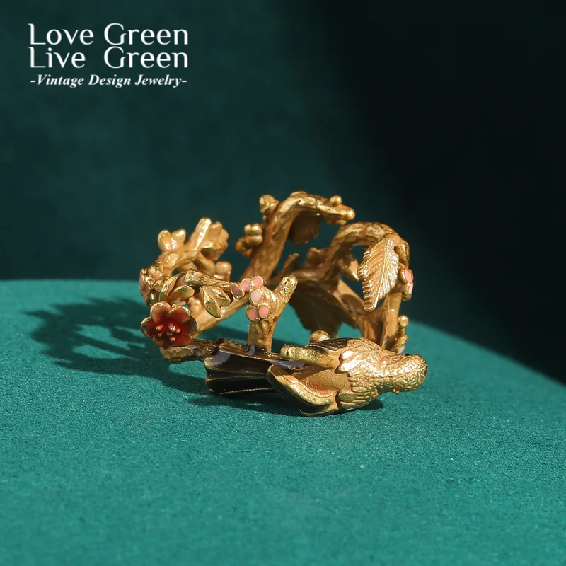 

Vintage Plum Blossom Branch Bird Ring Hollow Out Adjustable Gold Color Quality Luxury Designer Gifts For Woman Accessories Party