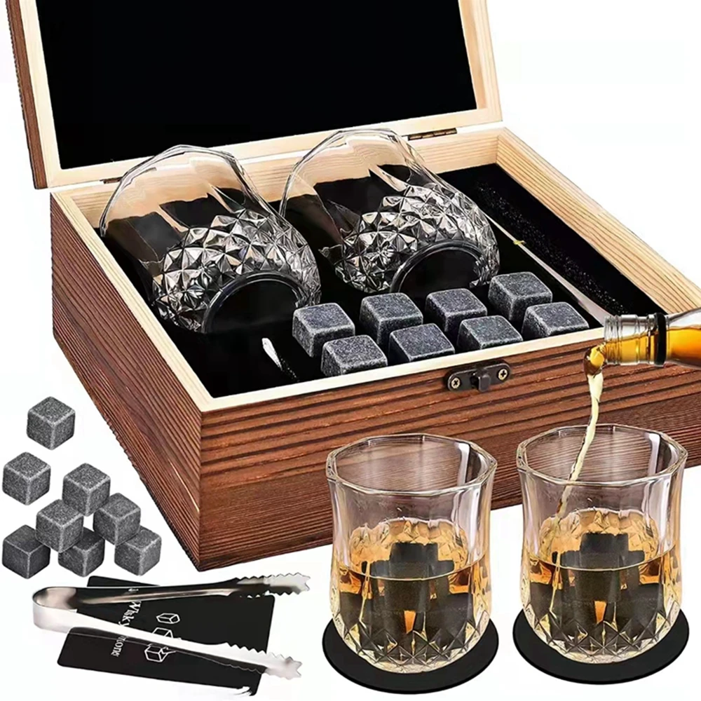 Whiskey Glasses Luxury Set Reusable Ice Cubes Stone for Whisky Scotch Rock Whiskey Wooden Men Gift Set Bar Accessories Home Bar