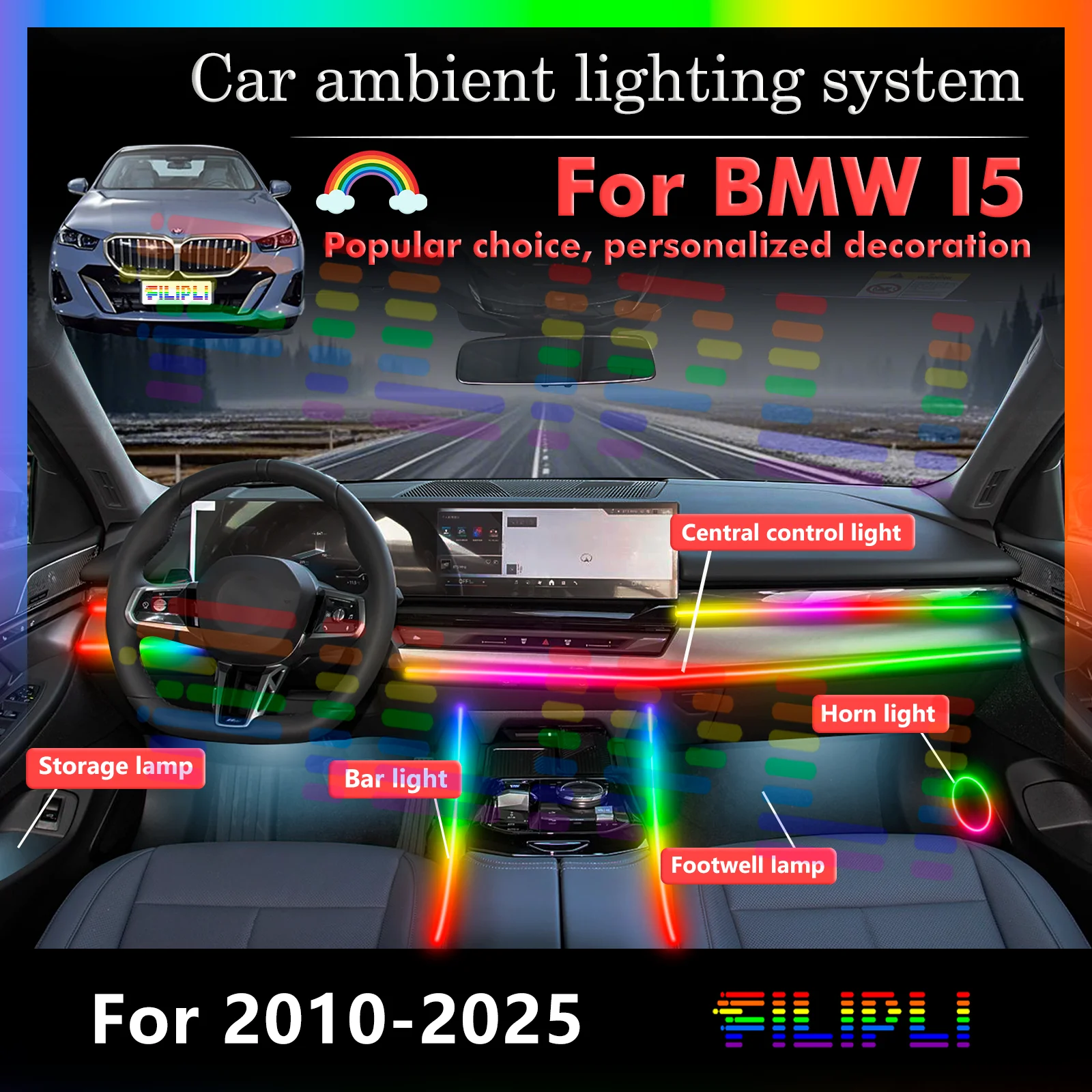 

For BMW i5 Car Interior Ambient Lamp Kit RGB 64-Color LED Smart Remote Control Energy Saving Efficient Lights