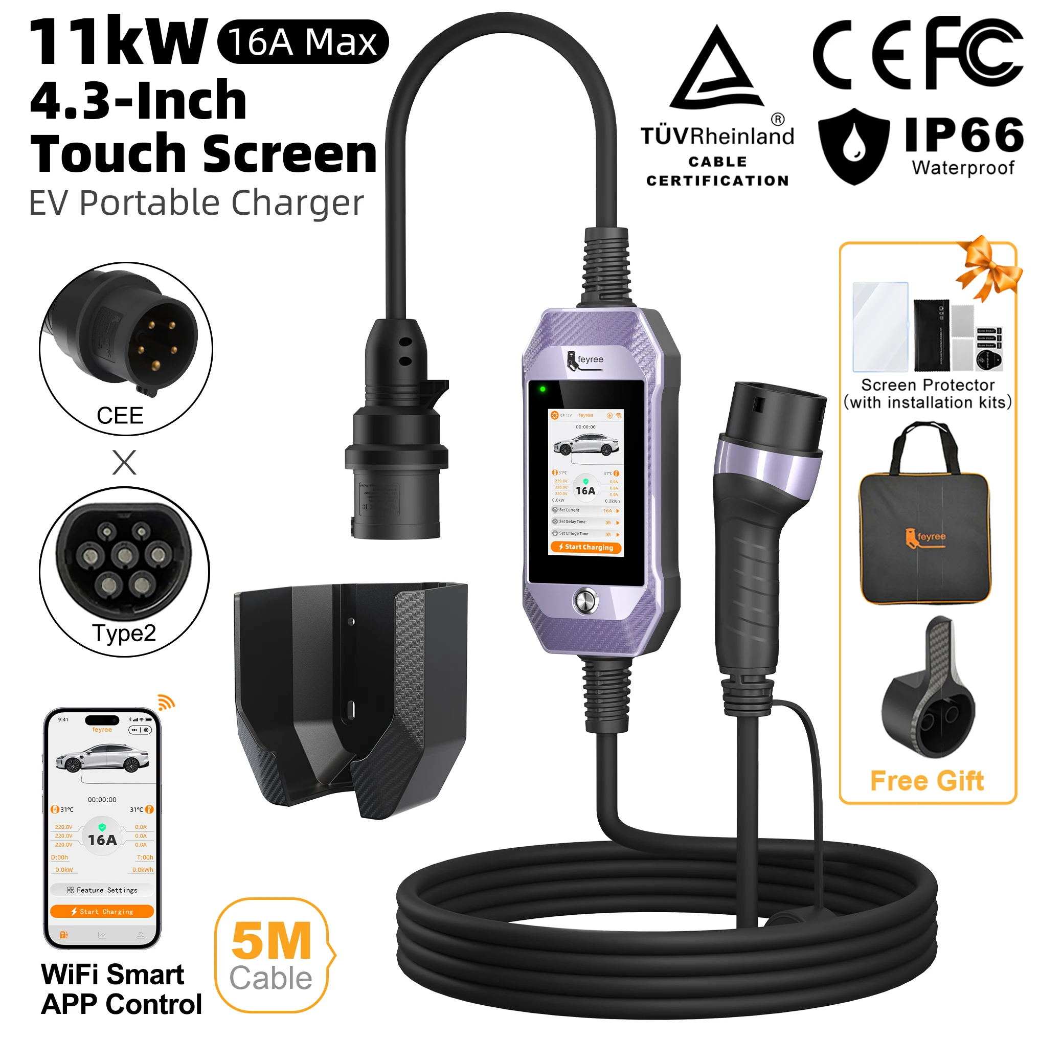 Feyree Smart APP Wi-Fi besturing draagbare EV-lader 3-fasig 4,3'' touchscreen geschiedenis oplaadlogboek voor elektrische auto's Type 2 16A 11kW
