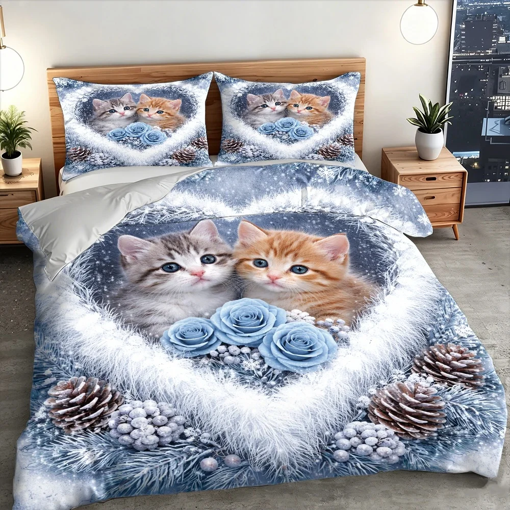 3Pcs Cute Cat and Floral Duvet Cover Set with 1Pc Duvet Cover and 2Pcs Pillowcases Bedding Accessories Quilt Cover view 3