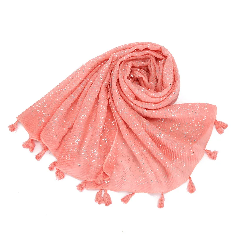 New Style Pleated Cotton and Linen Solid Color Two-Head Beard Hot Silver Dot Crumpled Scarf Closed Toe Shawl