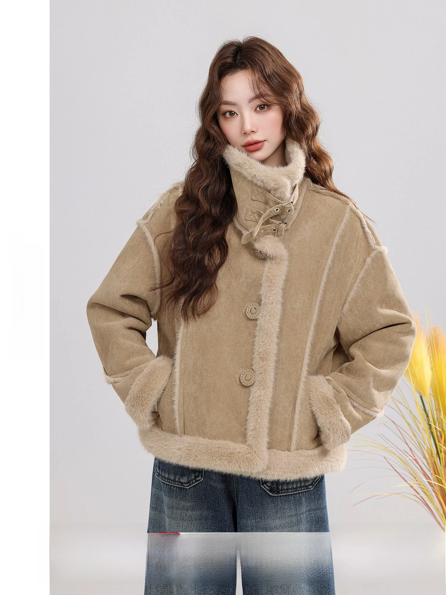 

Retro Casual Stand Collar Suede Fur Integrated Jacket Women's 2025 Winter New Style Warm Polyester Spandex Outerwear