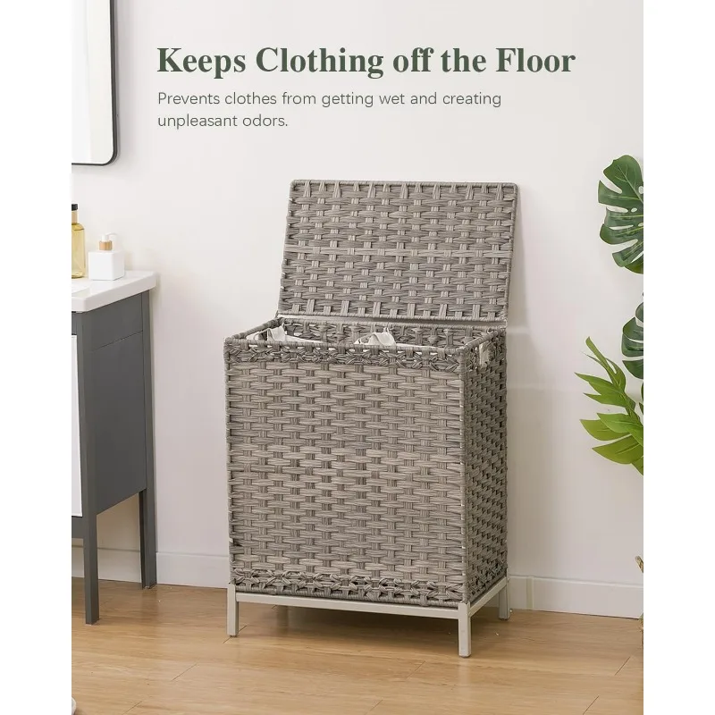 Laundry Hamper with Lid, 112 L Handwoven Rattan Wicker Laundry Basket, 2 Removable Liner Bags Metal Heightened Feet,