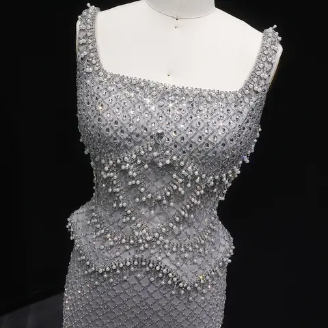 Sharon Said Lyxig Dubai Grå Rak Aftonklänning med Axelband Arabiska Kvinnor Bröllopsformella Festklänningar SS631 Anpassad 10 best sales Arabisk förlovningsklänning - №2