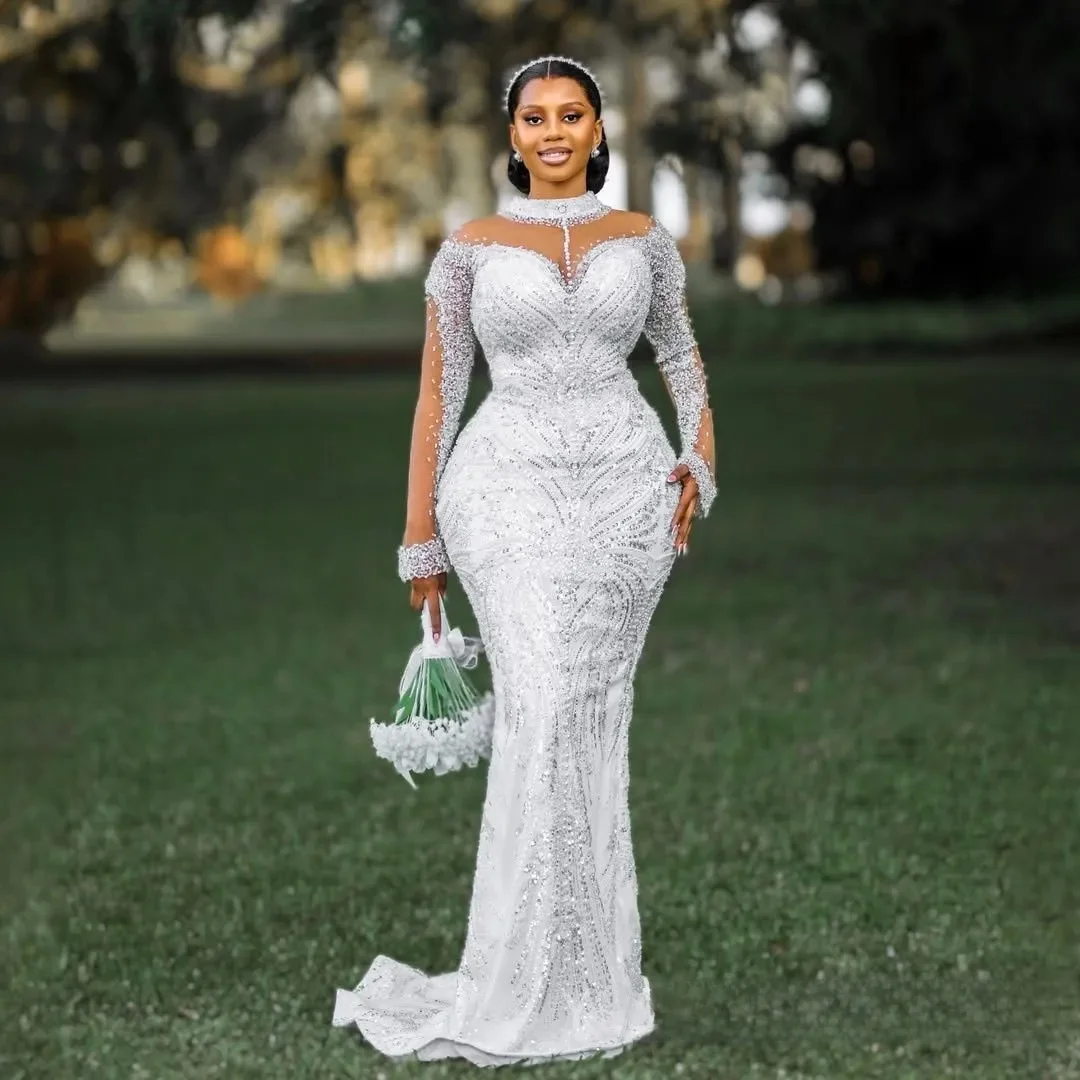 Customized Mermaid Wedding Dresses Bridal Gowns High Neck Long Sleeves Illusion Beaded Lace Appliqued Crystals Wedding Gown