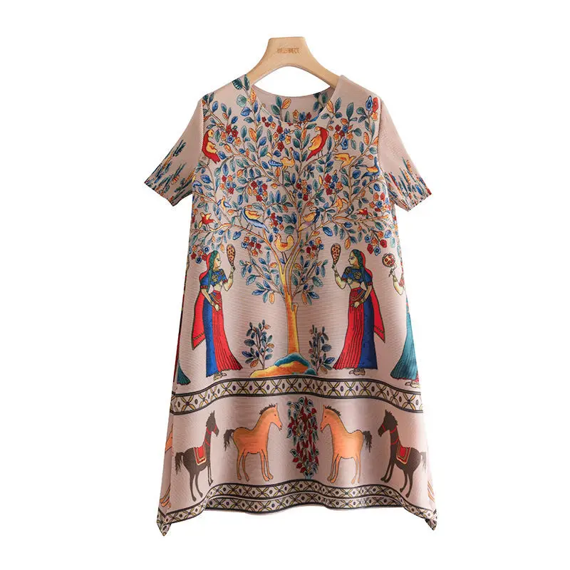 Ethnic style pleated dress for women's 2023 summer new fashion print oversized loose cut  Loose Fit  Regulai Fit
