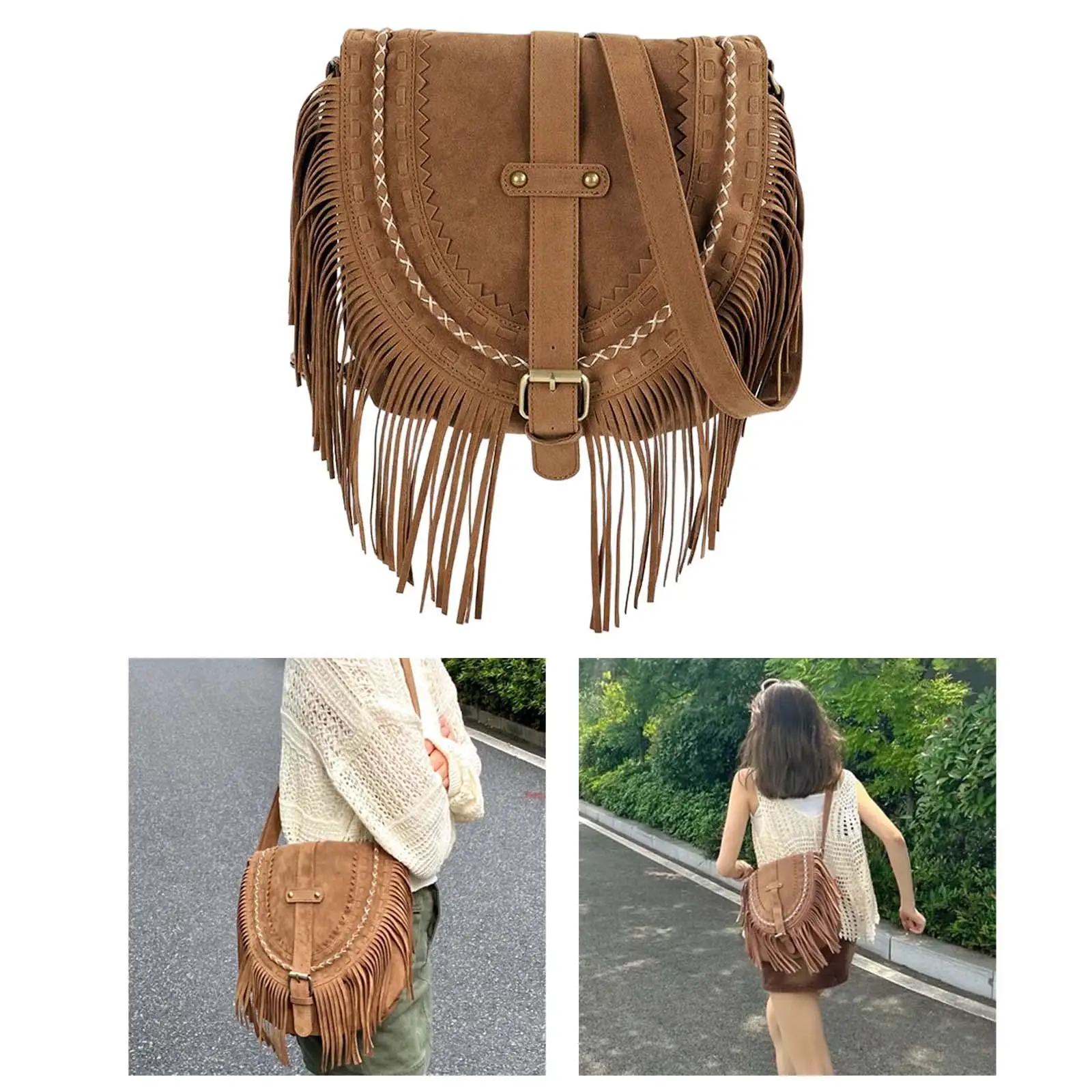 Fashion Retro Handmade Faux Suede Tassel Womens Shoulder Crossbody Messenger Bag Tassel Boho Handbag for Women Summer