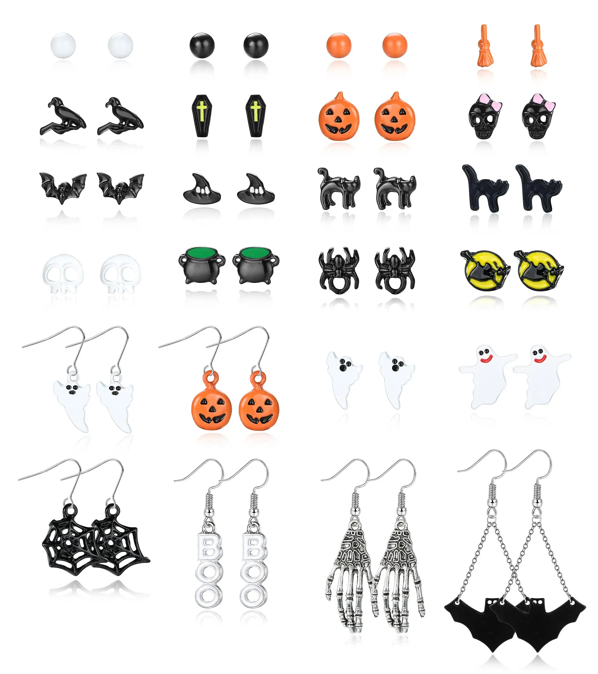 

24 Pairs Halloween Stud Earrings Sets for Women Stainless Steel Cute Bat Cat Witch Stud Earrings Jewelry for Halloween Party