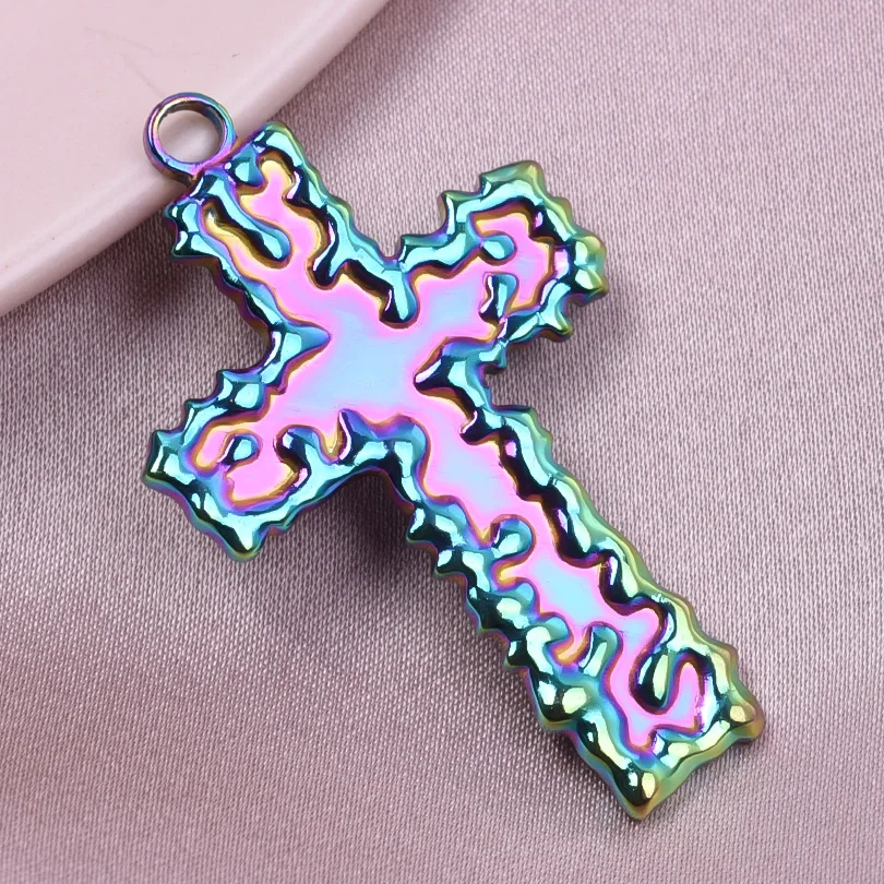 6pcs/Lot Cute Three Layered Heart Pointed Cone Cross Charms For Jewelry Making Supplies Rainbow Color Stainless Steel Pendants