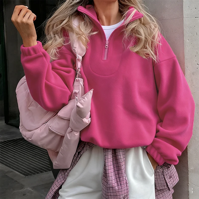 Rosa Winter-Lammfell-Hoodie für Damen mit Reißverschluss und Kragen, Fleece-Pullover für Frauen – Detail 8