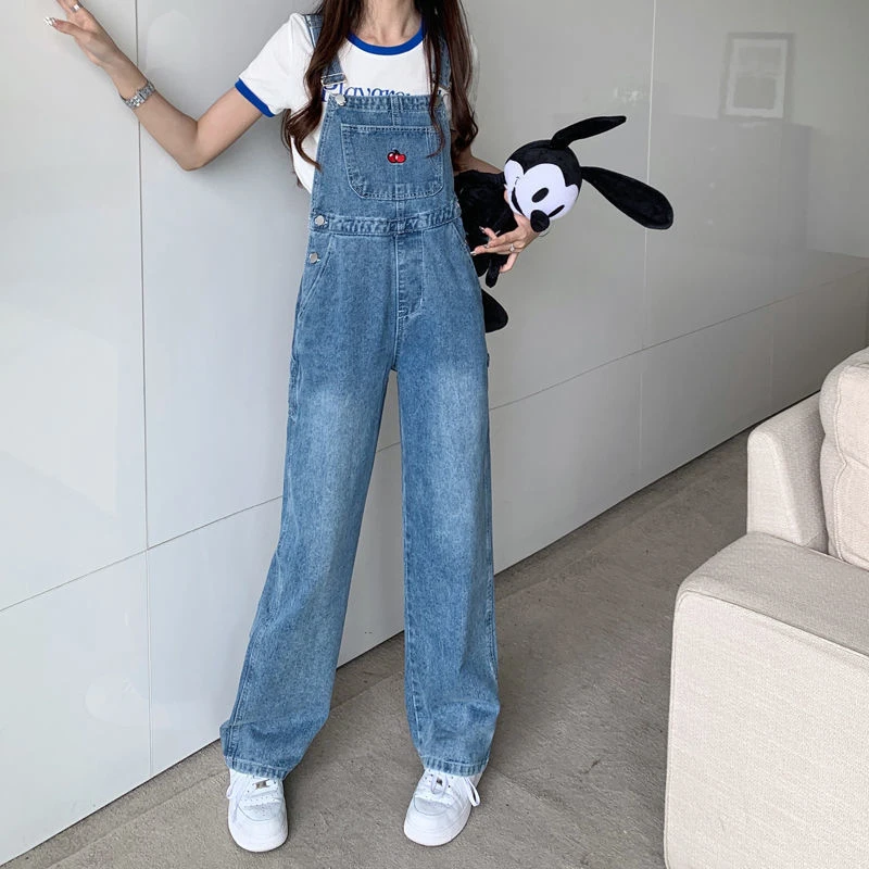 

Fashion Women Denim Jumpsuit Embroidery Pocket Blue Straight Overalls Jeans Spring Autumn Casual Loose Female Romper