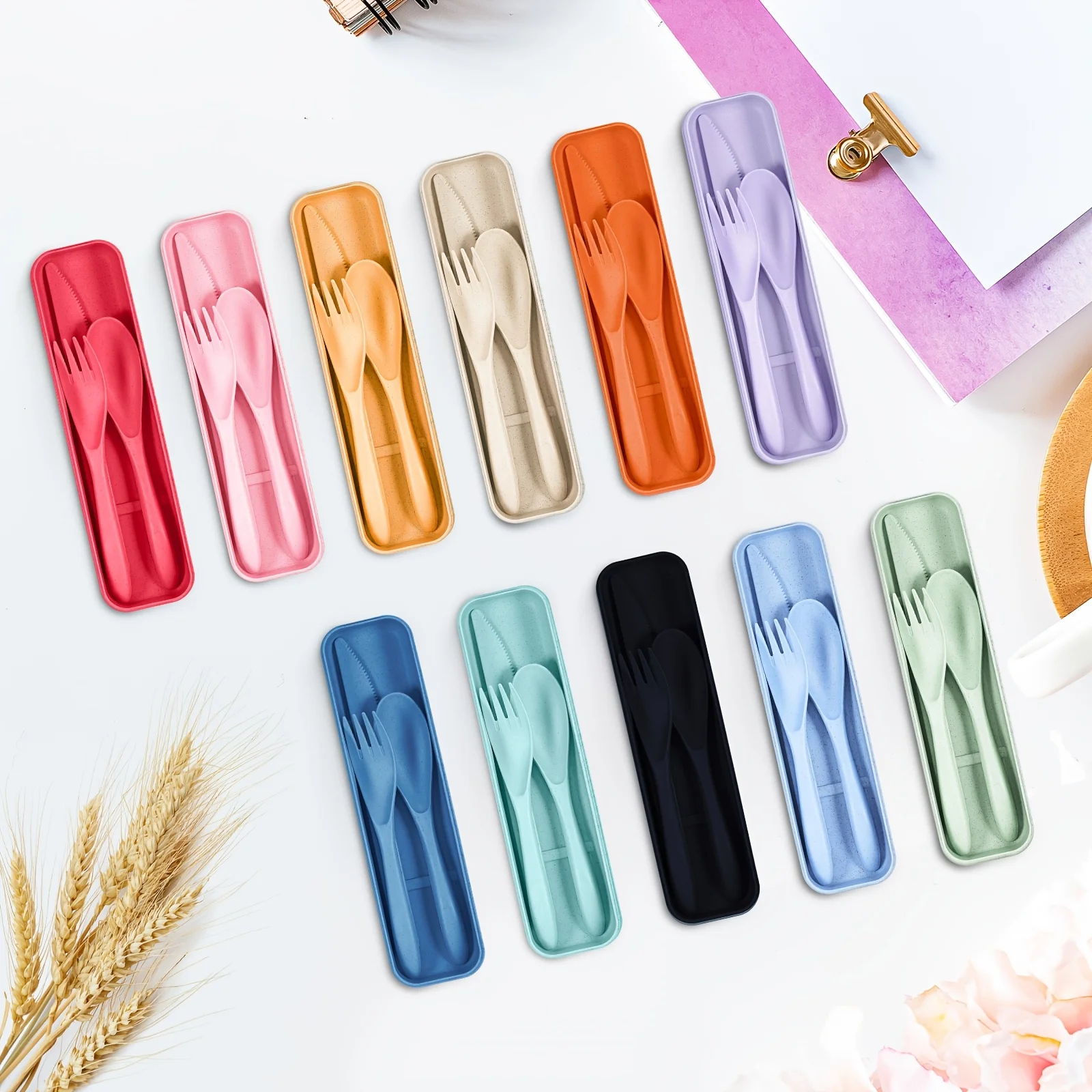 77 Sets Reusable Travel Utensils Set with Case Wheat Straw Cutlery Portable Spoon Knife Fork Tableware Lunch Box Bulk for Operation Christmas Adults Travel Picnic (Bright Color)