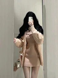 2023 Japanese Sweet Knitted Dress Suits Women Casual Hooded Sweater Cardigan + Y2k Slim Sexy Strap Dress Elegant 2 Piece Set New