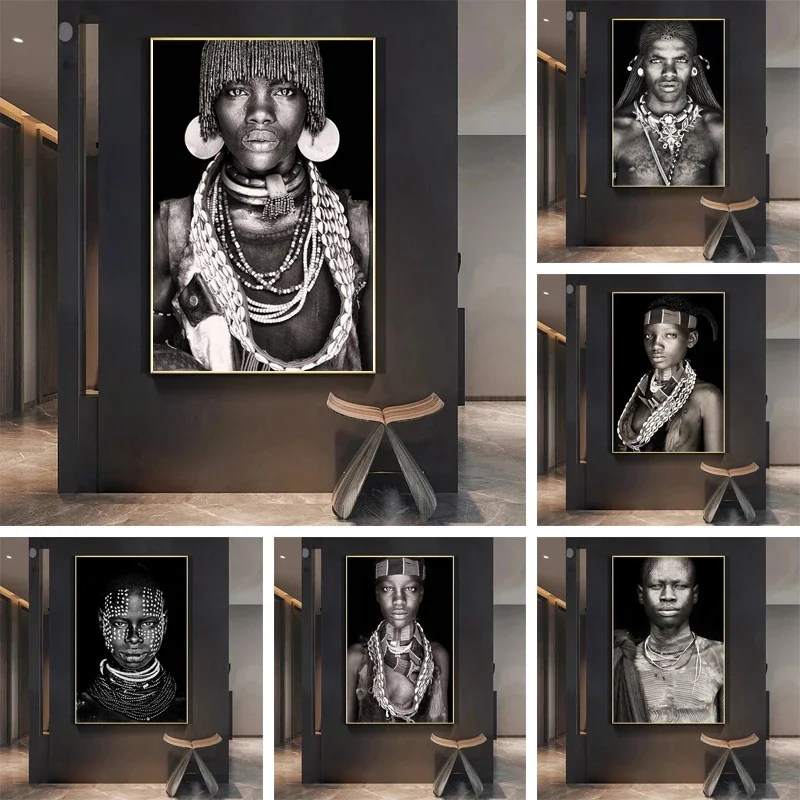 African Tribal People Portrait, Silk Painting Tribal Women Men, Posters Prints Wall Art Pictures for Living Room, Home Decor
