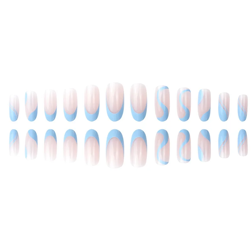 24Pcs Long Round Head Press On Nail Art Seamless Removable Fake Nails With Glue Ballet Coffin Wearing Blue Reusable False Nails