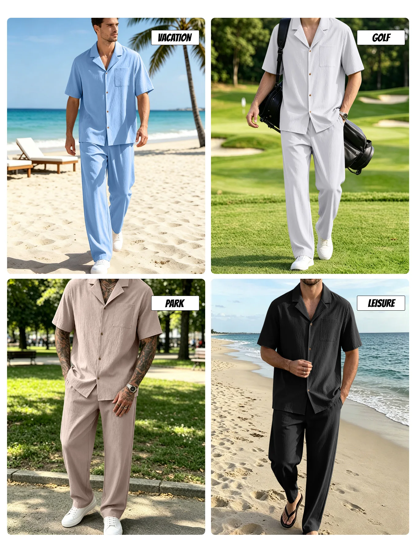 Men 2 Piece Crinkle Textured Vacation Matching Set Cuban Notch Collar Chest Pocket Short Sleeve Button Shirt Elastic Drawstring view 5