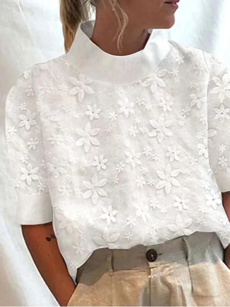 

White Cotton Linen Summer New Women Blouse Shirt Elegant Solid Lace Hollow Out Casual Streetwear Office Basic Shirts Tops