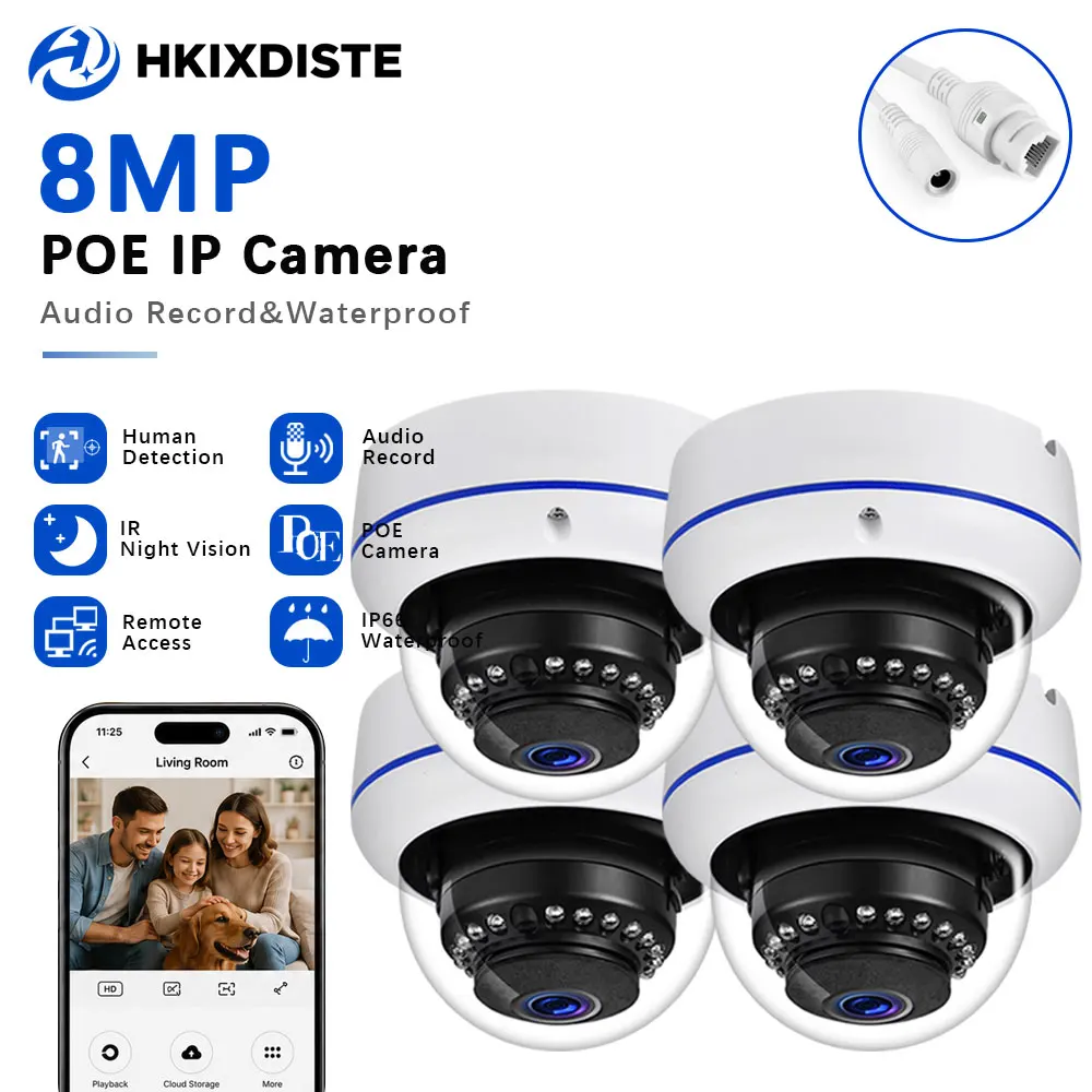 Ultra Wide Angle PoE IP Security Dome Camera 4K 8MP 5MP Option Indoor Audio Record IR NightVision 3.6mm CCTV Surveillance Camera