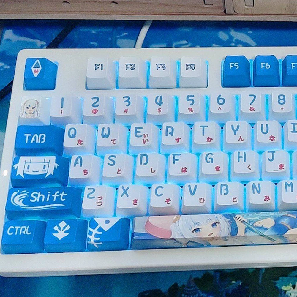 120 Keyshololive EN Gawr Gura‌ Keycaps Japanese Anime Game Key Cap Set Cherry PBT Opaque Keycap for Made68 Mad68 Wooting 60