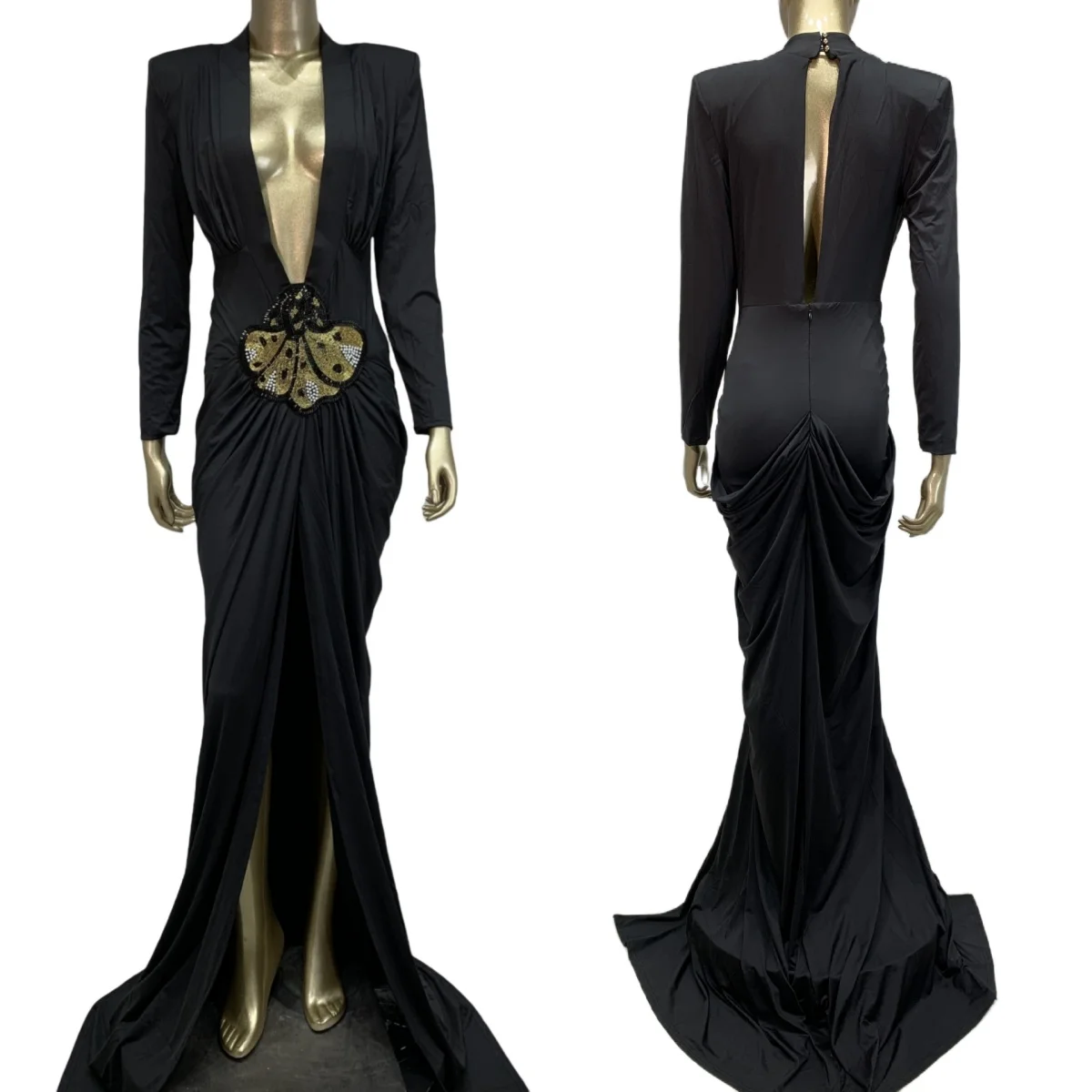 

Classic Elegant Black Long Dress High Side Slits Evening Gown Cocktail Birthday Celebrate Party Sexy Women Deep V Neck Couture