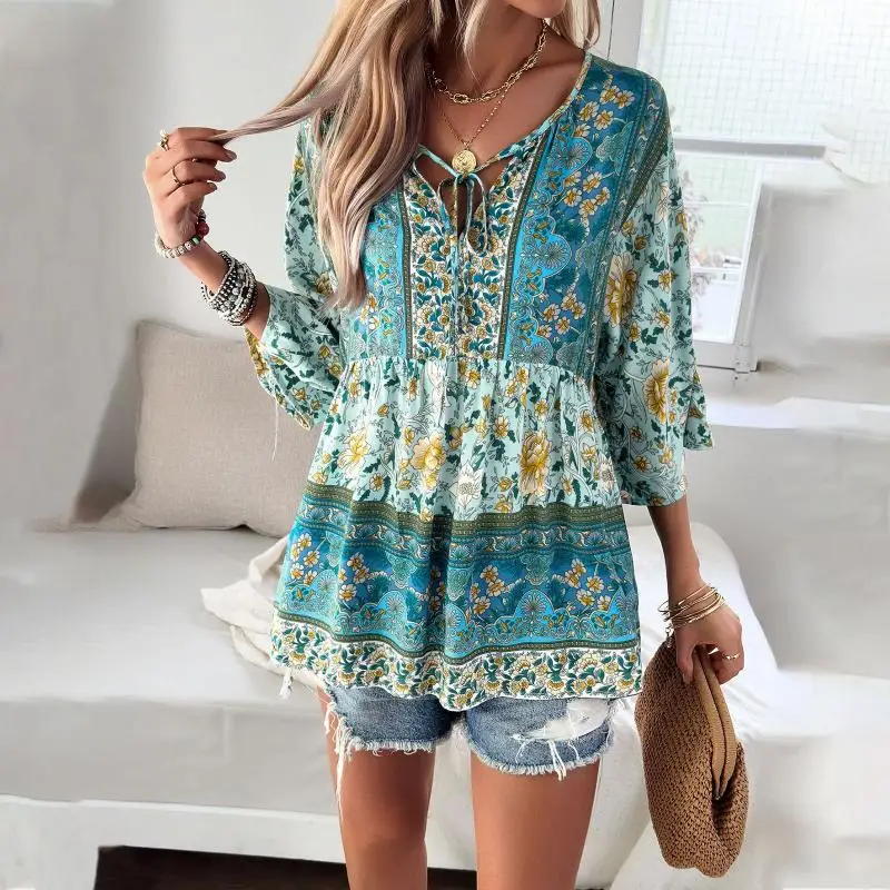 Spring Summer Blouse Vintage Floral Shirt Loose Long Sleeved T-Shirt Retro Tops Green Blouse Fashion Streetwear Female Clothing