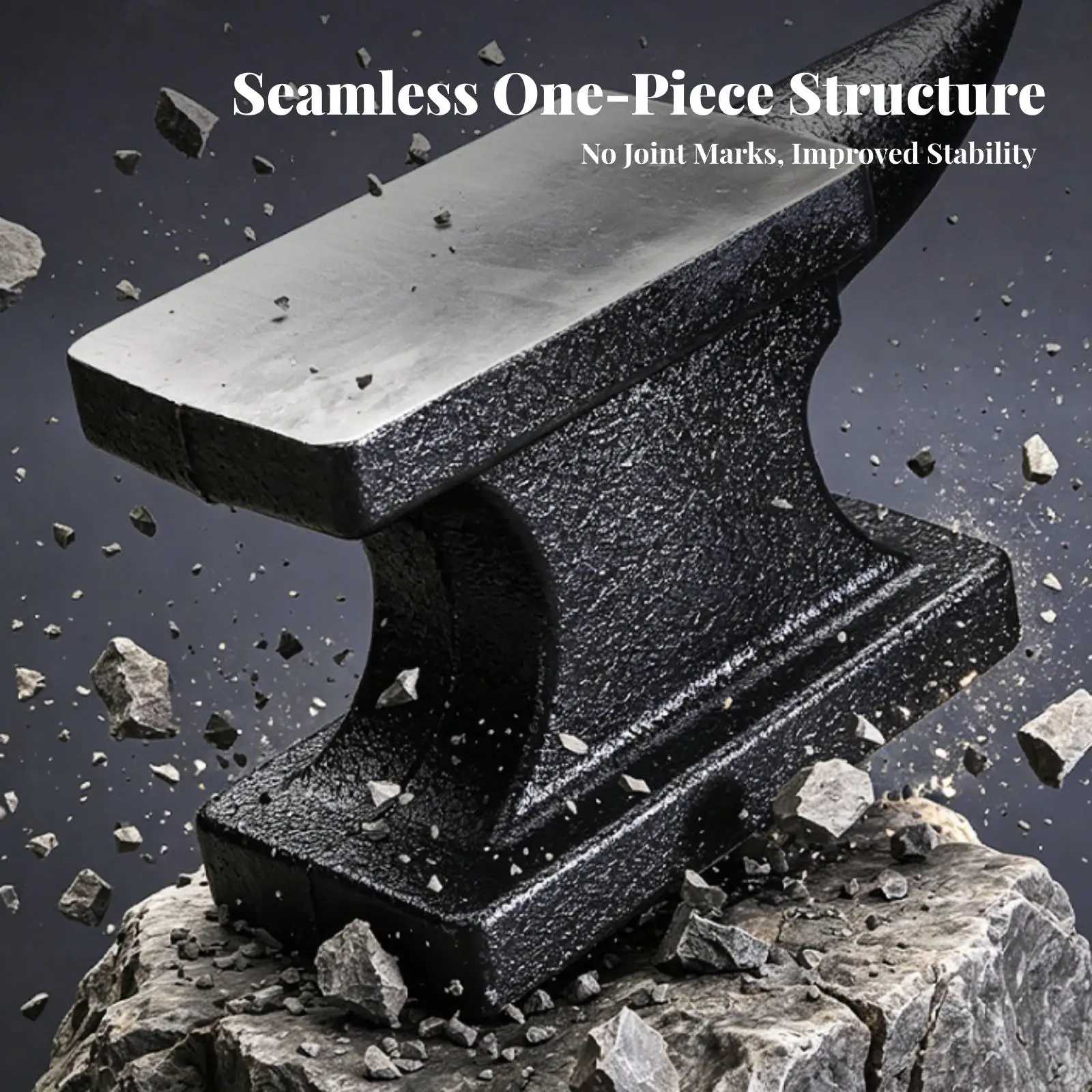 Anvil with curved end, flat hammer face, one-piece construction made of