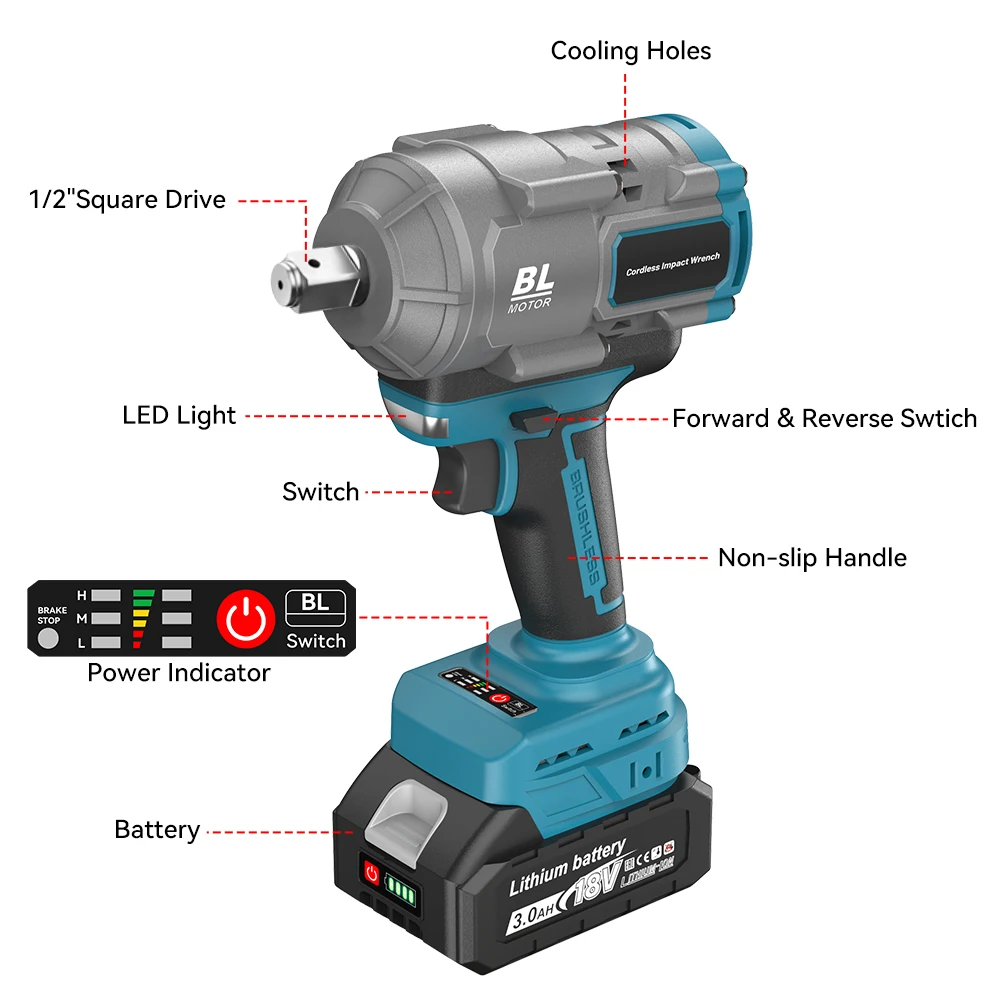 

1200N.M Бесщеточный аккумуляторный ударный гайковерт 1/2 дюйма Электрический ключ Аккумуляторная отвертка Электроинструмент для автомобиля Makita 18 В