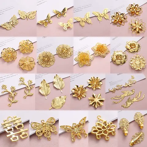 8pcs/lots Metal Filigree Wraps Flowers Leaves Butterfly Slice Pieces Connectors Embellishments Golden Plated For Jewelry Making