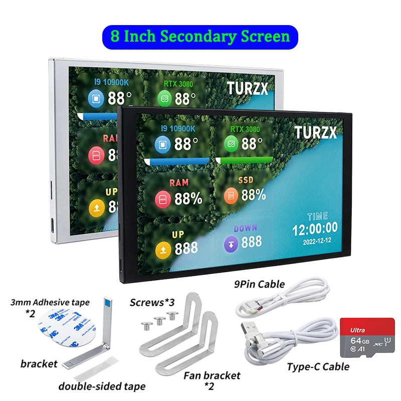 TURZX 8 Inch Secondary Screen IPS USB LCD CPU GPU RAM 1280*800 Computer Monitor Extende Desktop Optional Card For Windows 10 11