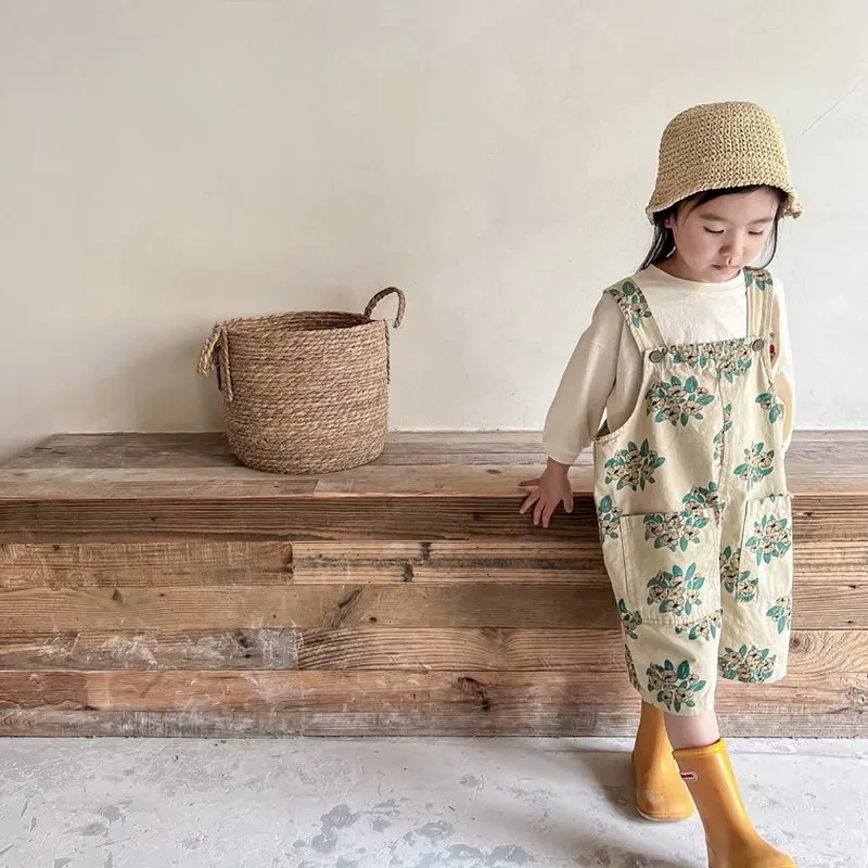 Korean Style Summer Baby Boy Girl Loose Overalls Beige Blue Floral Jumpsuit Children Fashion Wide Leg Pants Baby Clothes E122291