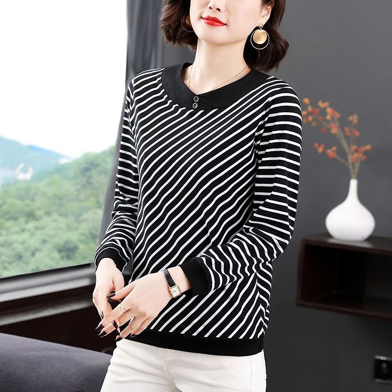 Sprint Autumn Loose Causal Fashion Striped Printing T-shirt Women Long Sleeve All-match Oversized Top Ladies Vintage Cotton Tee