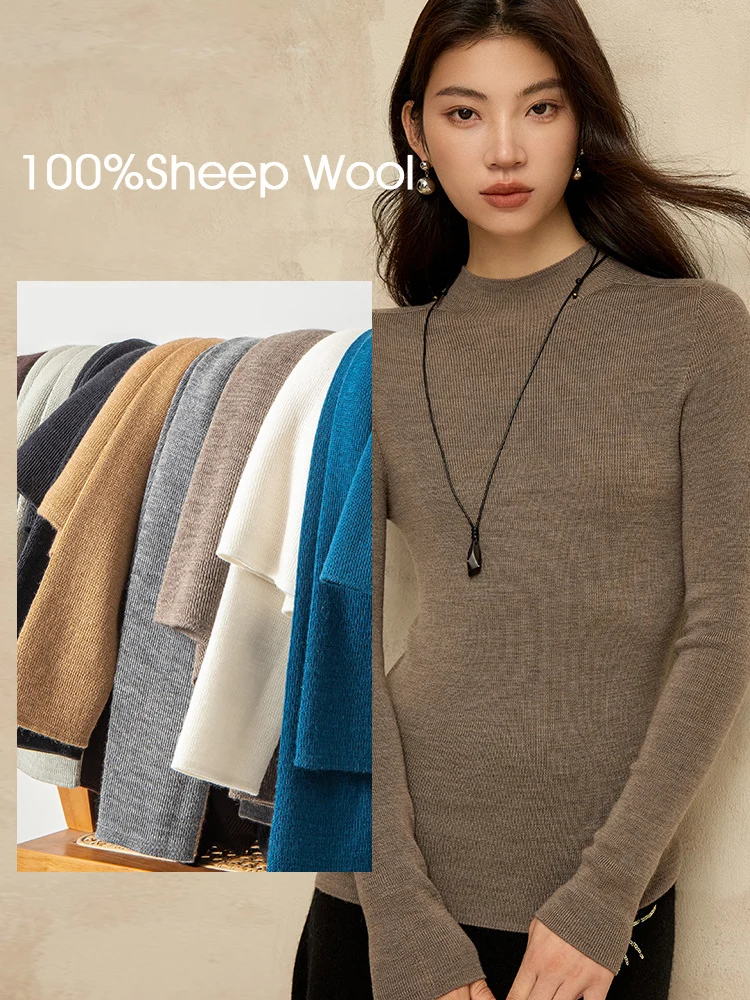 SuyaDream, Women Pullovers, 100%Sheep Wool, Mock Neck, Whole Garment Ribs Basic Sweaters, 2024 Fall Winter Slim Warm Top, Blue